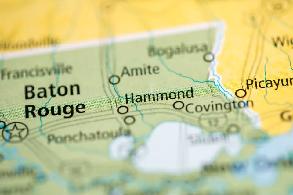 A map showing the city of Hammond and surrounding cities in Louisiana and Florida.